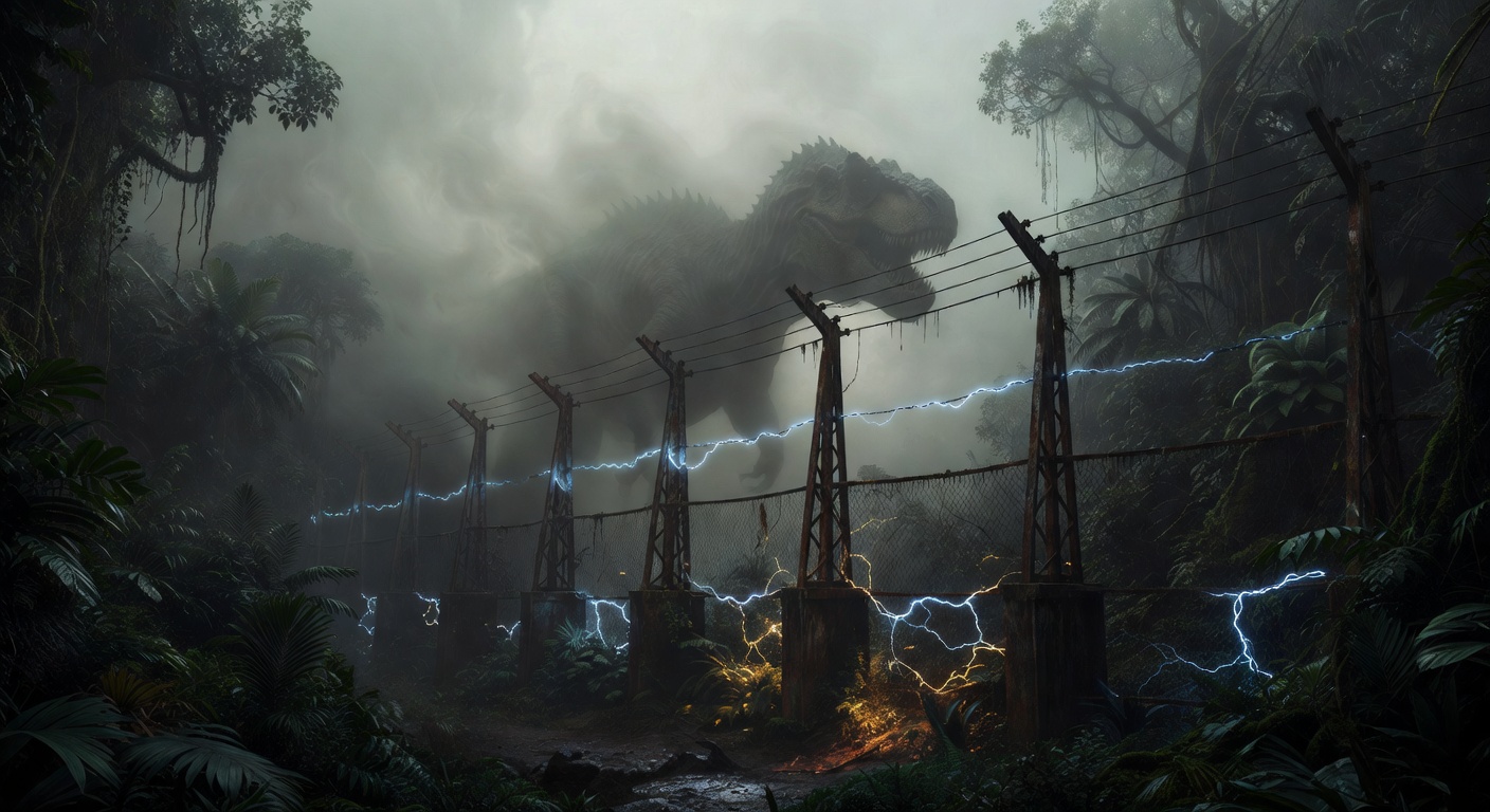 Massive dinosaur silhouette behind an electric containment fence in thick jungle fog